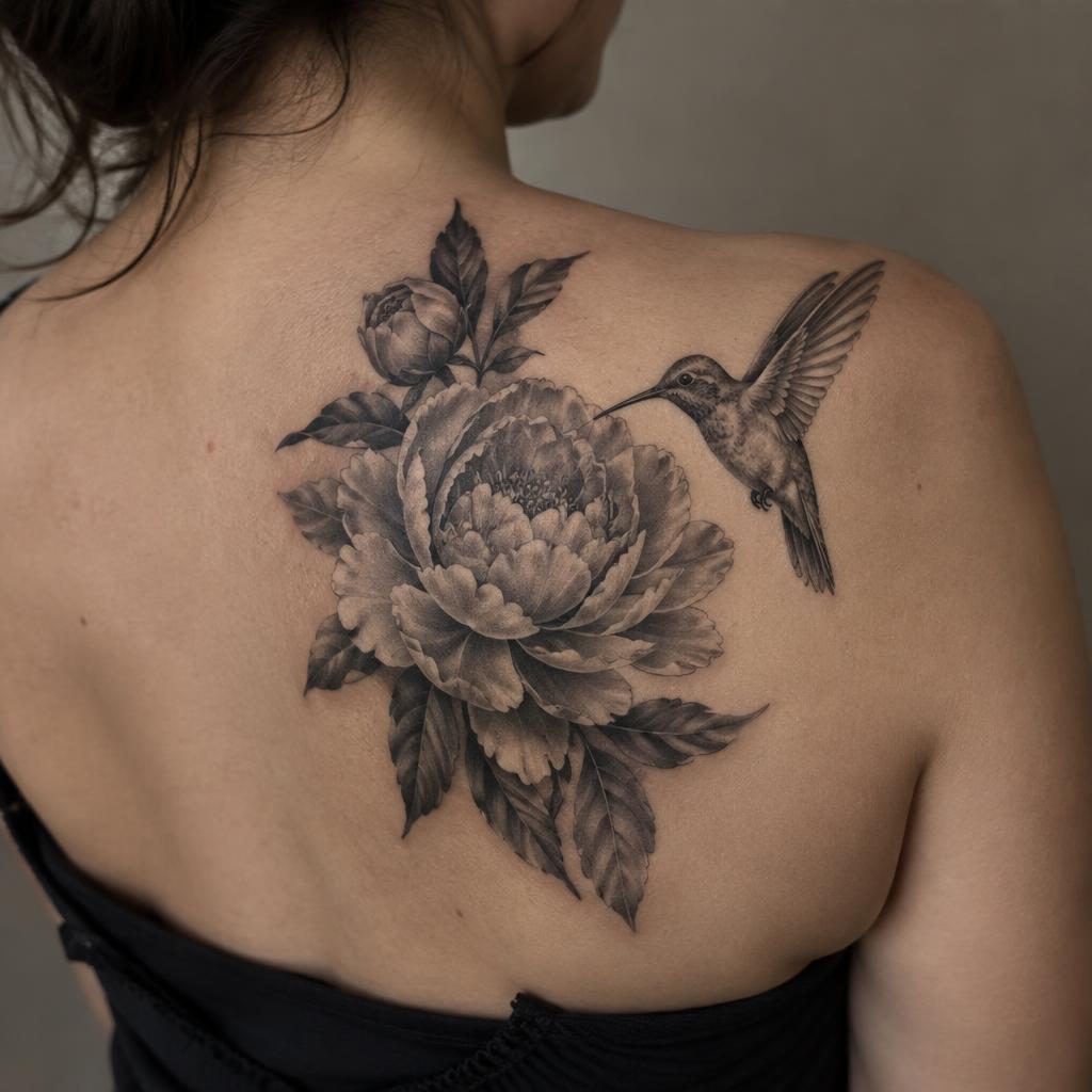 Hummingbird Shoulder Peony tattoo design on the body
