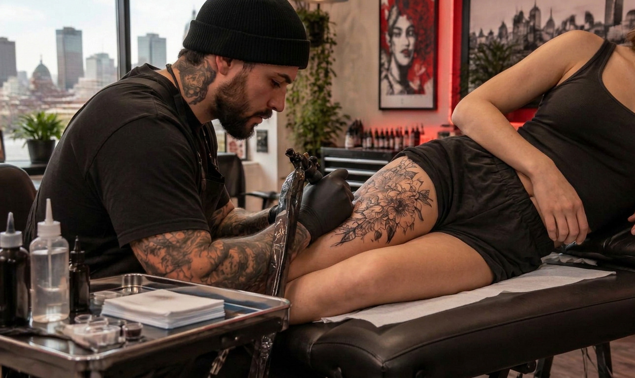 Tattoo artist creating a thigh tattoo for a client in a bright modern studio