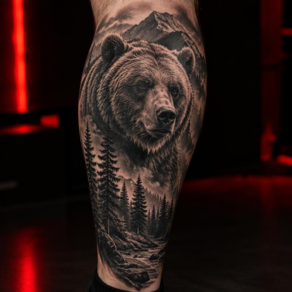 Grizzly & Rockies tattoo design on the body
